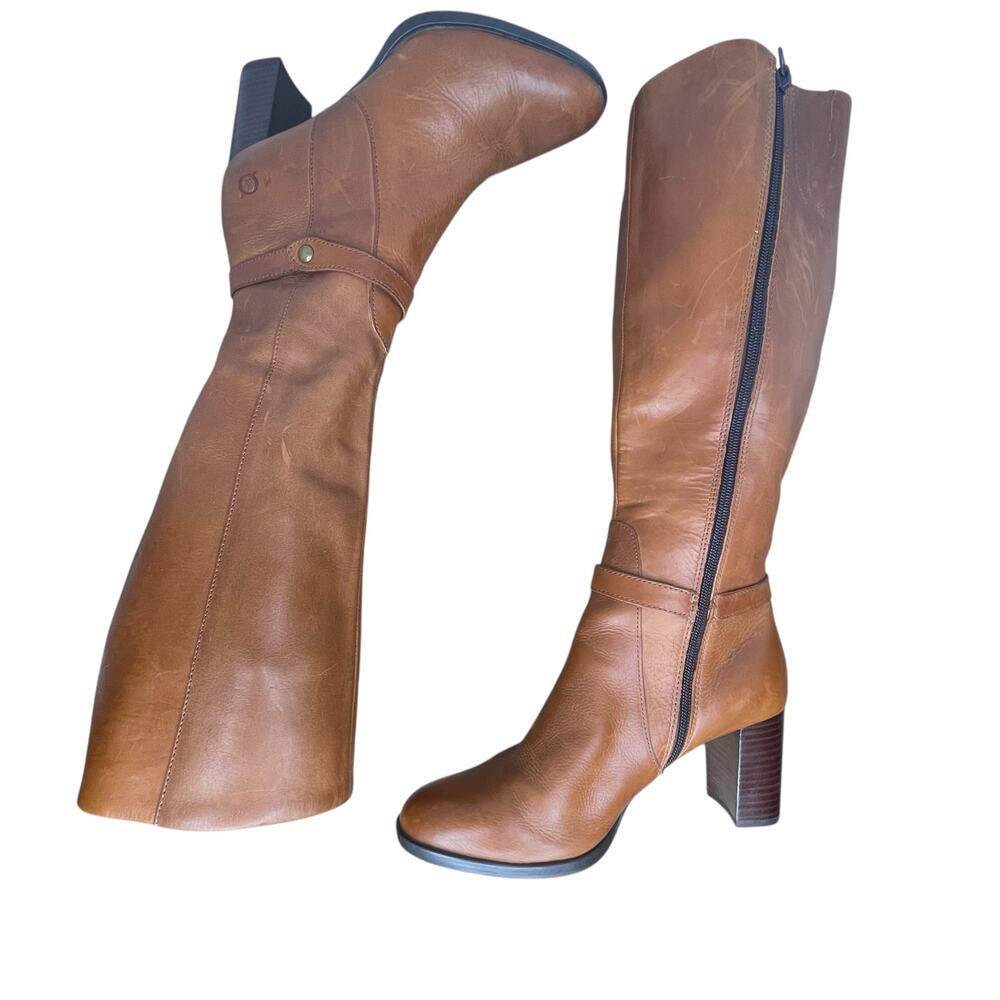 Born Ellendale knee-high Boots Size 7 Cognac Tan Leather Block Heel Chic New - Picture 10 of 15